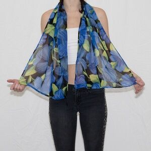 Vintage blue flower print scarf mesh rectangle